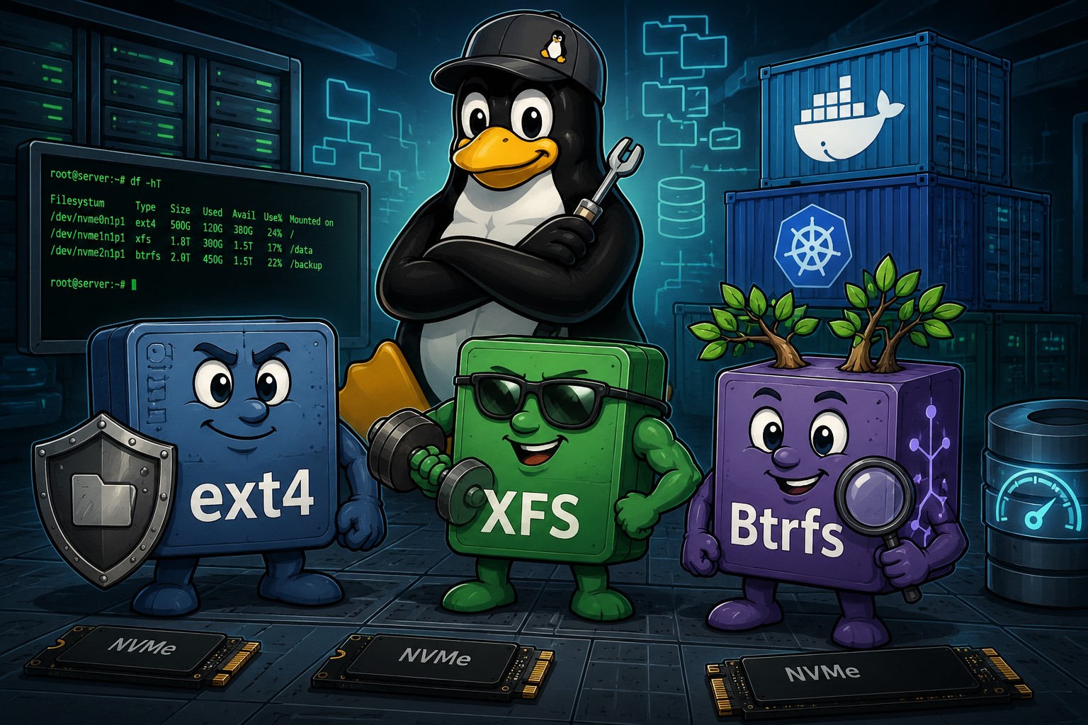 Sistemas de Arquivos no Linux: ext4, XFS e Btrfs na prática para servidores, containers e discos NVMe